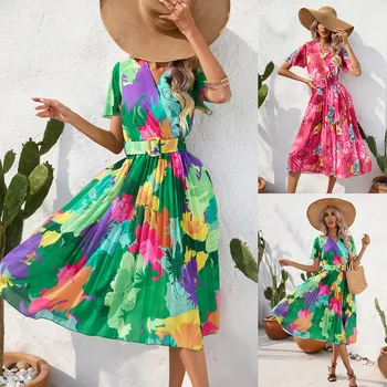 2023 Новое женское летнее платье с V-образным вырезом и цветочным принтом в складку с коротким рукавом Для дам, модные платья с цветочным поясом