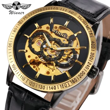 WINNER Watch Мужские Автоматические механические часы с 3D индексом, Золотой циферблат в виде скелета, Кожаный ремешок, роскошные наручные часы от ведущего бренда
