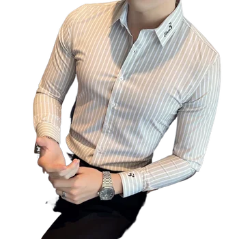 Мужская рубашка с длинным рукавом, весенне-осенние полосатые рубашки с вышивкой от морщин, деловой повседневный Корейский приталенный красивый топ