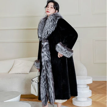 Новая женская теплая шуба из норки для зимнего отдыха, длинное пальто, свободная ветровка, куртка с воротником из лисьего меха